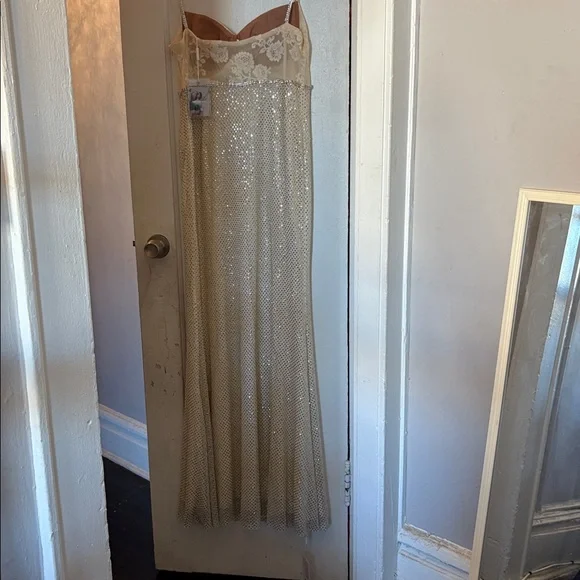 Self Portrait cream rhinestone mesh maxi dress elegant cocktail ethereal US 12 - Picture 10 of 16